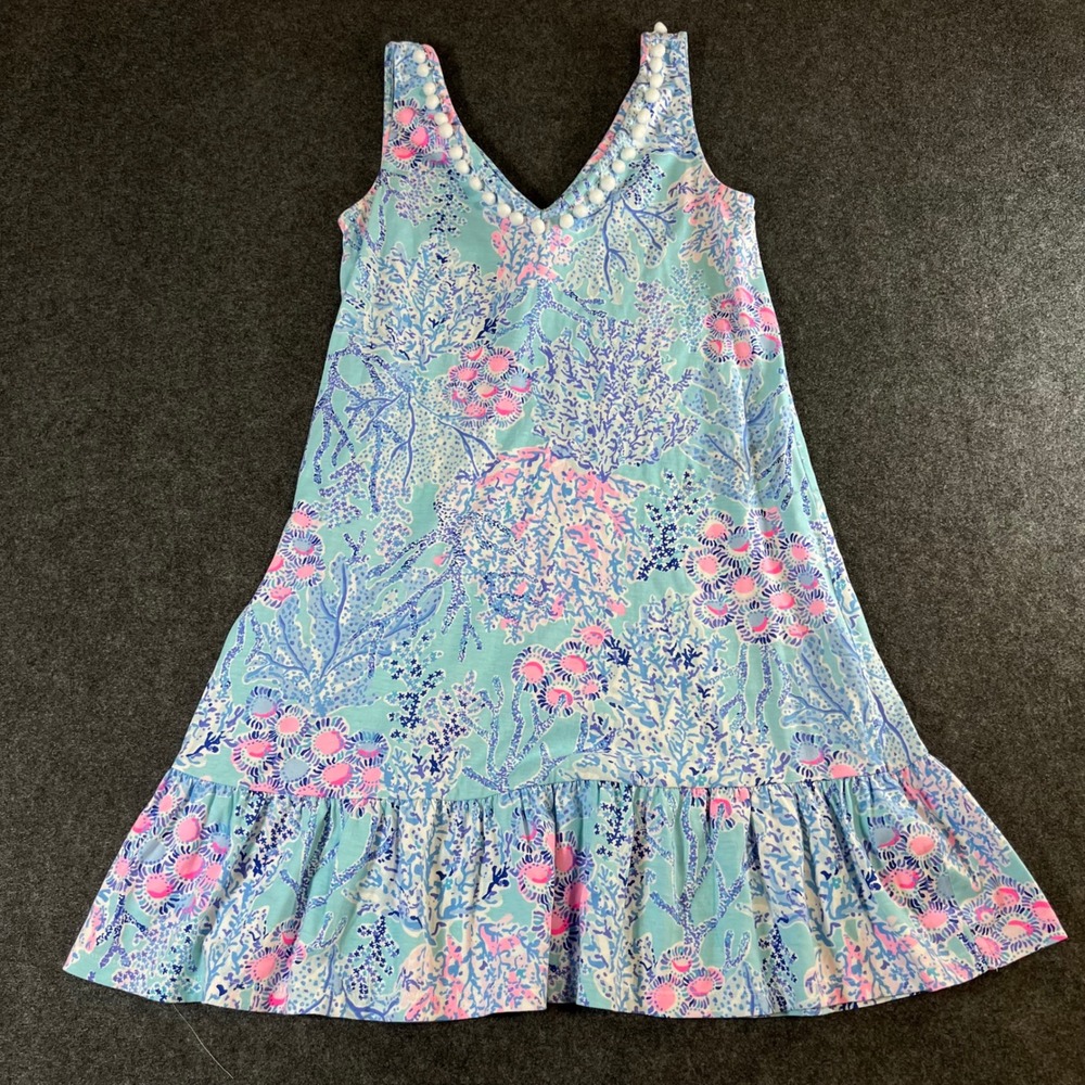 Lilly Pulitzer Blue Pink Coral Pom Pom V-Neck Cotton Ruffle Hem Dress XS 008631
